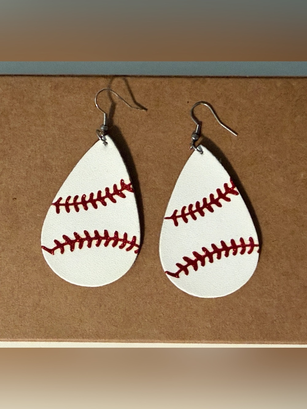 White Baseball Stitch Teardrop Earrings
